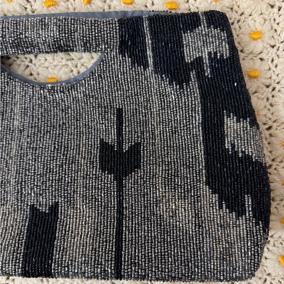 Moyna Black Silver Metallic Floral Seed Beaded Handbag Evening Bag Clutch - Picture 4 of 10